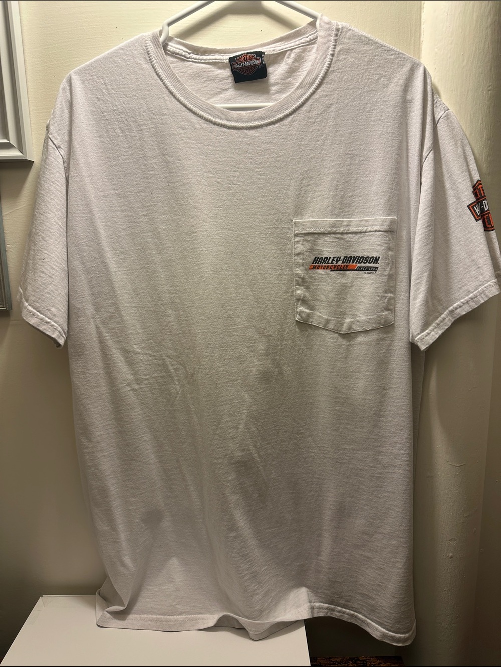 Harley-Davidson White Short Sleeve Pocket Tee with Orange Logo Accent